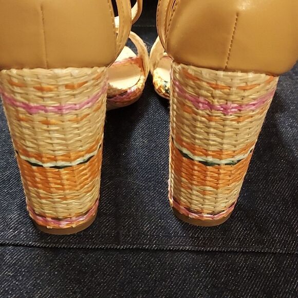 Just Fab beige sandals peach blue woven straw strappy sandals size 7 - Picture 4 of 5